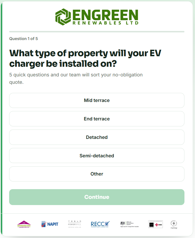 Engreen Renewables EV charger quote funnel, question 1 of 5: what type of property