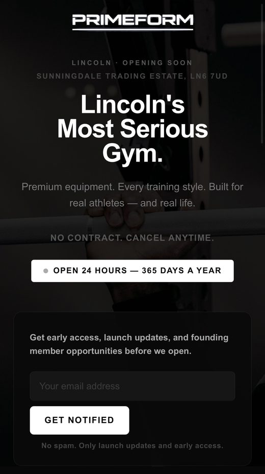 PrimeForm landing page hero
